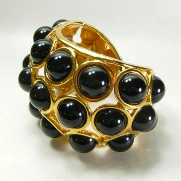 Vintage KENNETH JAY LANE Large Gold Plate and Black Signed Bracelet - Picture 1 of 3